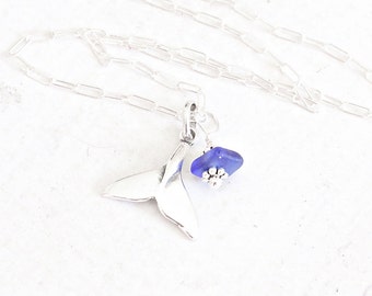 Cobalt Blue Sea Glass Jewelry, Silver Whale Tale Necklace Genuine Beach Glass Jewelry