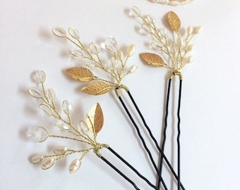 Set of 3 bridal hair pins, wedding hair accessories, pearl hair pins, bridal hair accessories, wedding hair pins, gold hair pins, hair pins