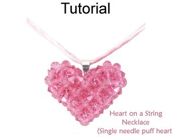 Beading Tutorial Pattern - Beaded Crystal Puff Heart Pendant Necklace - Valentine Necklace - Simple Bead Patterns - Heart on a String #24321