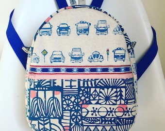 Car Kids backpack, toddler backpack, rucksack, sac a dos, mini backpack, nursery bag, Japanese fabric, blue and pink, unisex, kids fashion
