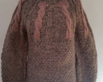 1980's Mohair Sweater 80's Oversize Slouchy Mauve/Heather Gray Cable Knit Sweater Extra Large Turtleneck Pullover Size Medium Made in Italy