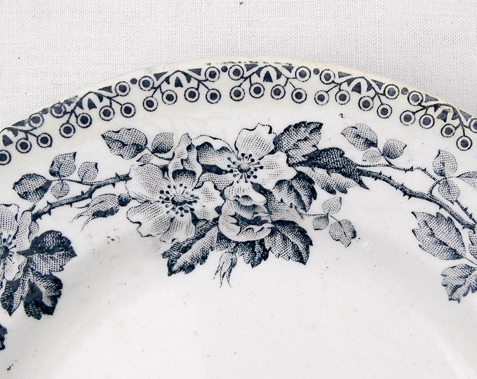 2 Antique French H.B.C.M China Dessert Plates with Dark Blue Transferware Wild Rose Pattern, Chateau, Chic, French Country Decor, Cottage