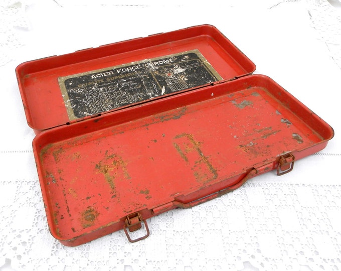 Vintage French Red Metal Tool Kit Box Rusty Distressed Patina, Retro, Garage, Decor, Home, Interior, Brocante, Industrial, Upycle, Prop