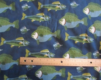 Blue with Green Fish Flannel Fabric by the Yard