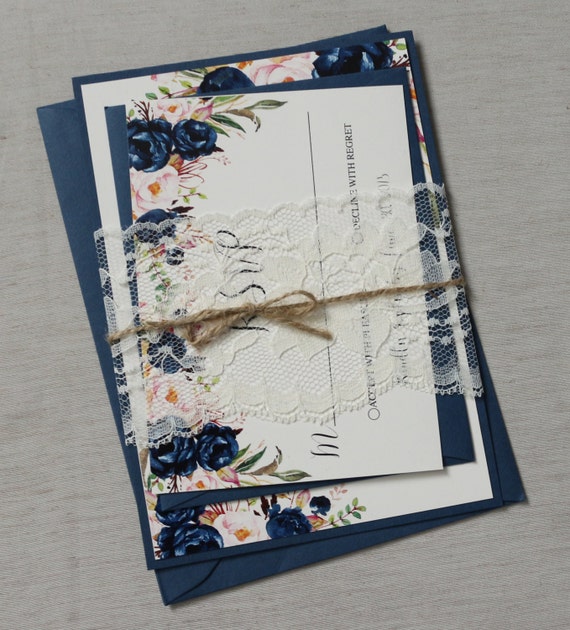 Navy and blush Floral Boho Wedding Invitation