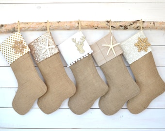 Family Christmas Stocking - Set of 5 - Christmas Stockings, Stockings, Burlap Stockings, Neutral Stockings