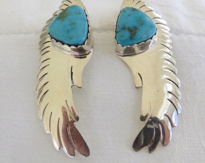Navajo Sterling Turquoise Earrings, Signed Navajo Artisan Ronnie Hurley, Native American Jewelry, Pierced Earrings