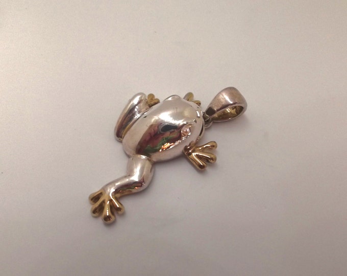 Sterling Frog Pendant, Silver Frog with Gold Wash Feet, Vintage Frog Jewelry