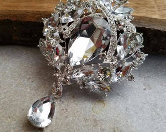 Large or Extra Large Silver Rhinestone Drop Brooch Flat Back Embellishment Pin Clear Broach Dangling Wedding Brooch Bouquet Silver Pin SC12
