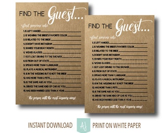 Rustic, Printable Bridal Shower Game-Find the Guest- Digital file with Kraft Background- Shower Game- Customization NOT Included