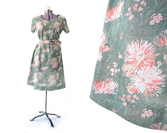 1960s Dress Casual Dress Green Dress Floral Print Dress Vintage Dress 60s Dress Large Dress Flower print Dress Day Dress Vintage Clothing