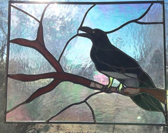 Crow Raven Stained Glass Panel Art