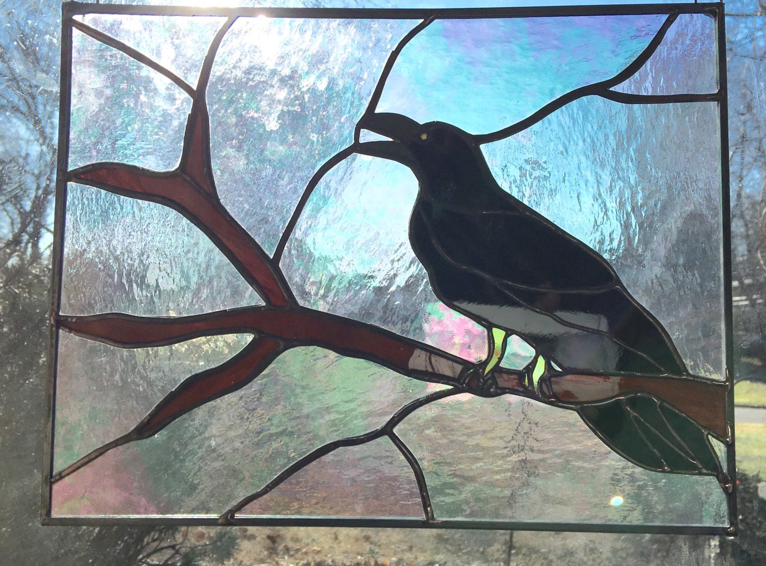 Crow Raven Stained Glass Panel Art