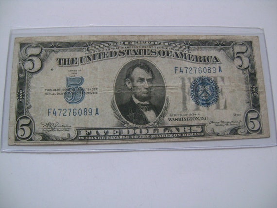 Series of 1934 A 5 Dollar Bill Mule Silver by lizystuff on Etsy