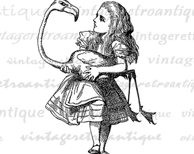Digital Image Alice in Wonderland Download Alice with Flamingo Printable Illustration Graphic Vintage Clip Art HQ 300dpi No.244