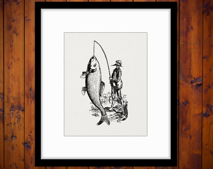 Printable Graphic Fisherman Catching Big Fish Image Digital Download Vintage Clip Art Jpg Png Eps HQ 300dpi No.4228