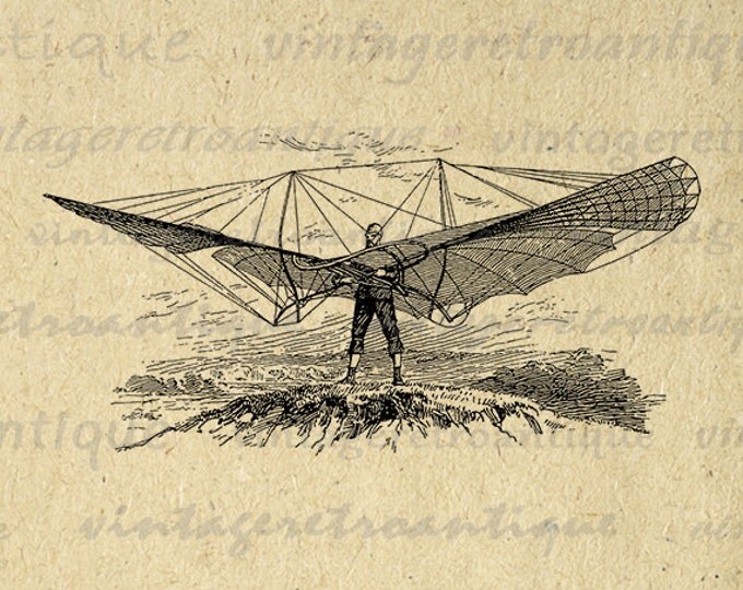 Digital Graphic Man with Flying Contraption Image Download Printable Antique Clip Art for Transfers Printing etc HQ 300dpi No.3341