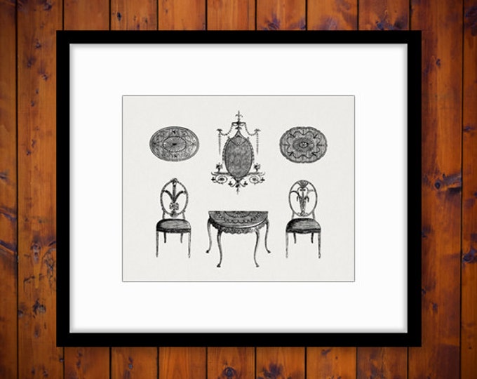 Antique Furniture Printable Digital Image Chair Table Illustration Graphic Download Artwork Vintage Clip Art HQ 300dpi No.1573