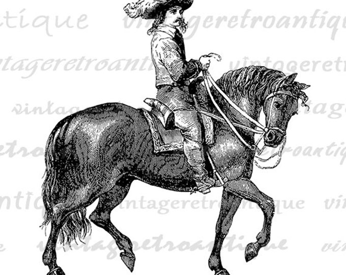 Digital Graphic Muskateer Soldier on Horseback Download Printable Image Vintage Clip Art Jpg Png Eps HQ 300dpi No.2337