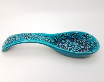 Handmade Traditional Turkish Ottoman Era Iznik Green Glazed Ceramic Relief Style Spoon Rest