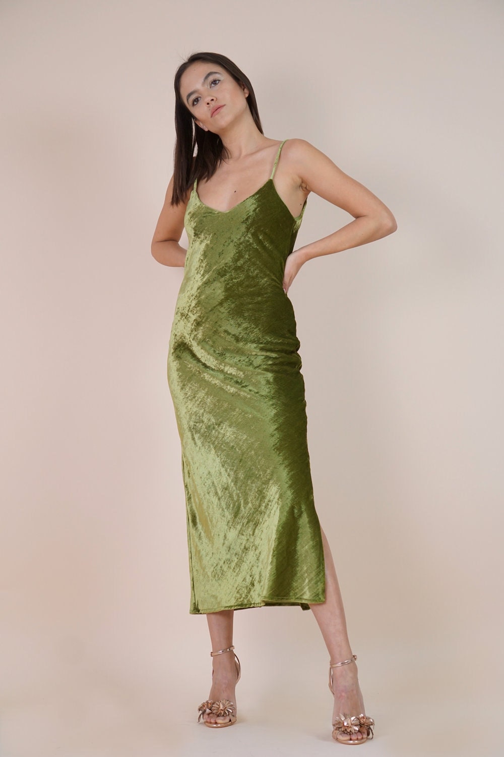 VELVET OLIVE SLIP Dress Rich Silk Velvet Midi Slip Dress
