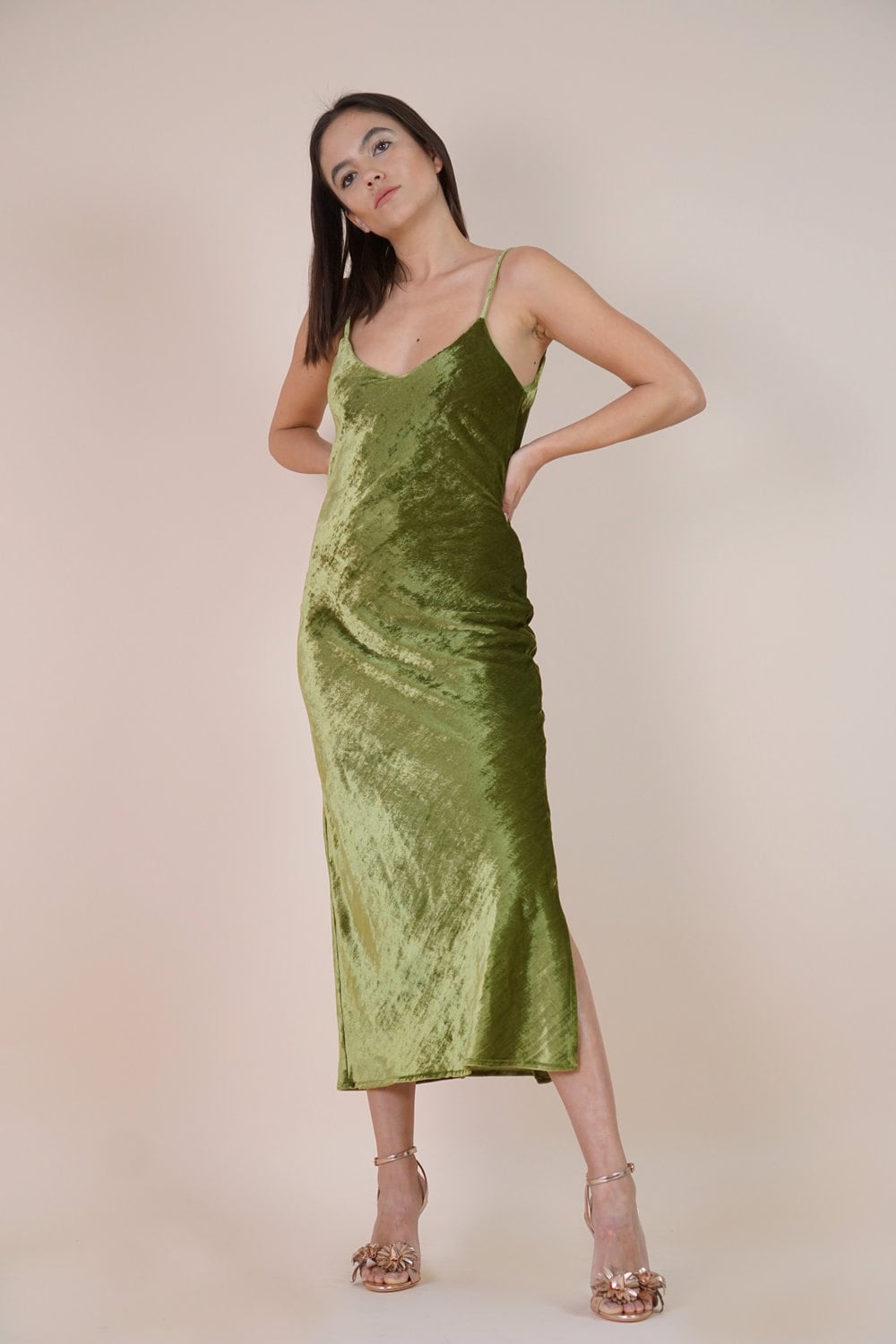 Velvet Olive Slip Dress Rich Silk Velvet Midi Slip Dress 