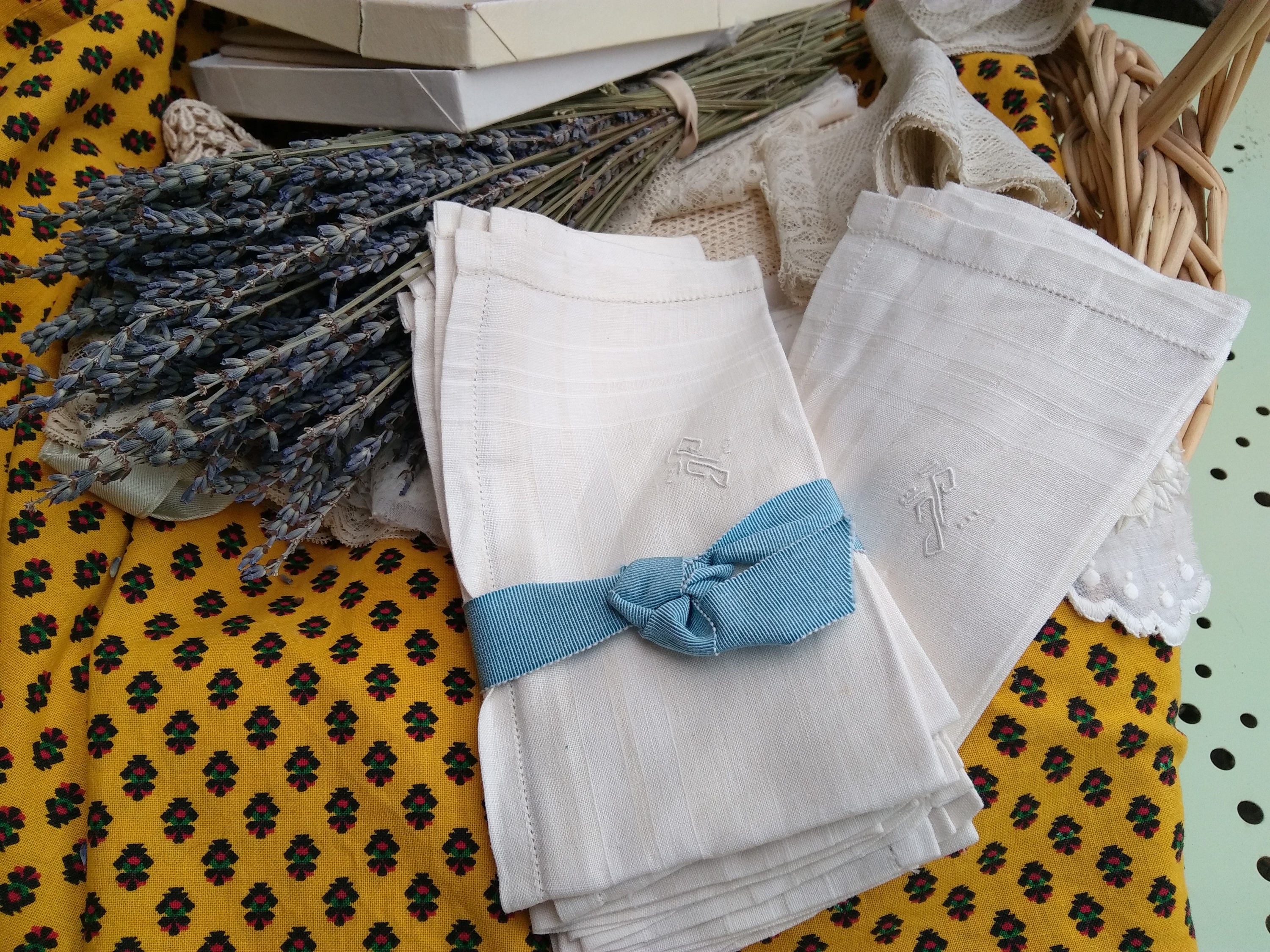 6 Unused Midcentury White Linen Men's Handkerchiefs