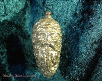 Antique German Christmas ornament, early 1900s silvered Lauscha glass pinecone, large, with face of old man, Father Christmas, Santa Claus