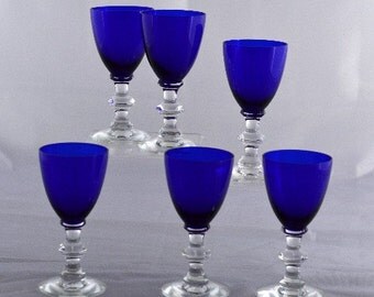 Cordials Liqueur Small Wines Vintage Cobalt Blue Bowls with Crystal Stems 6 pcs