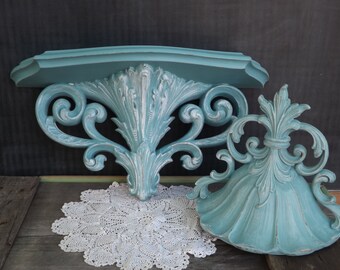 Upcycled Wall Decor/Set of 2/Wall Shelf and Wall Pocket/Distressed/Turquoise Blue/Home Decor/Home and Living/Shabby Chic/Cottage Chic/Beach
