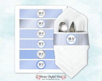Napkin Wrappers Light Blue & Silver | Prince Crown | Digital Instant Download