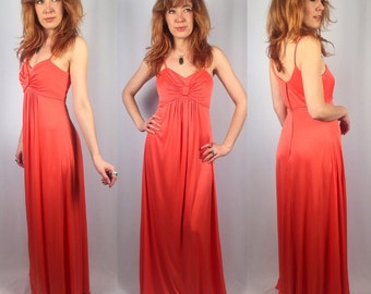 1970's coral dress empire waist maxi dress
