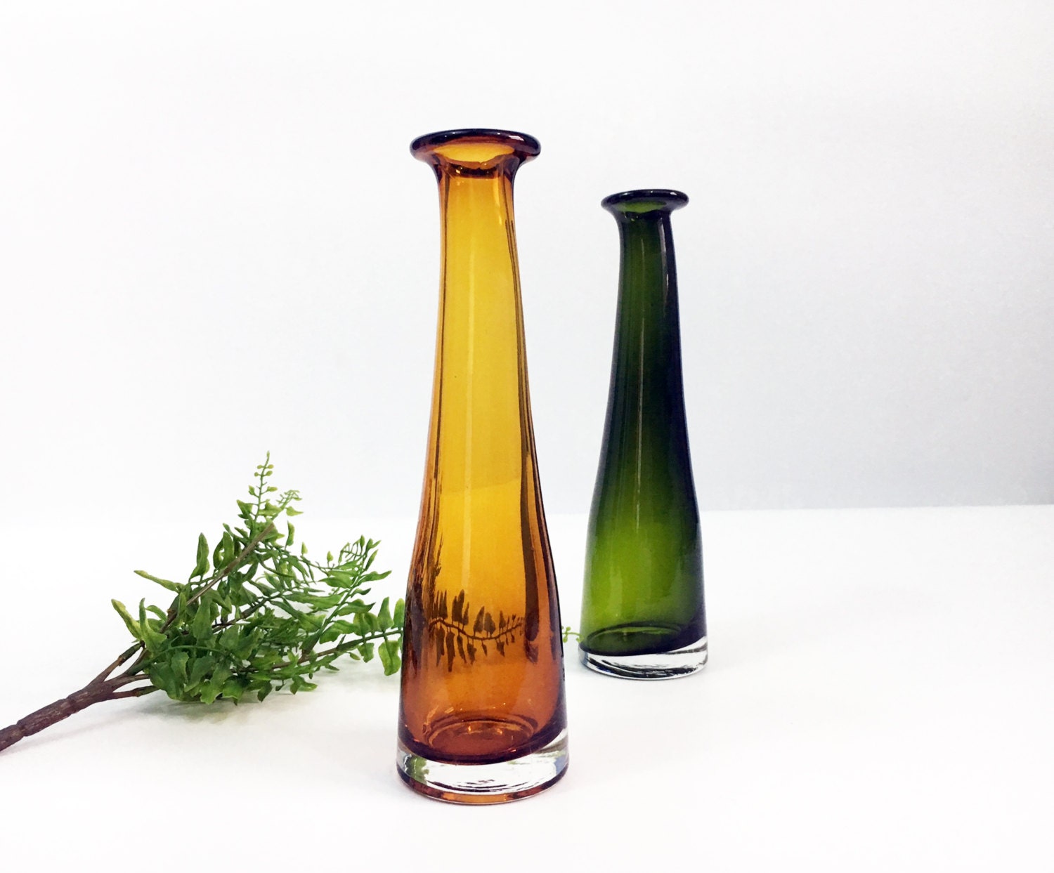 Tall Glass Vases Vintage Green and Yellow/Amber Hand Blown Retro