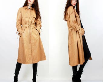 80s Beige Leather Coat / Belted Jacket / Long Leather Jacket / Leather Trench Coat / Medium Trench Coat
