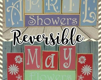 April Showers brings May Flowers, Reversible Block Set, Spring Block set, Holiday Blocks Spring Decor, Reversible Blocks for Spring Time