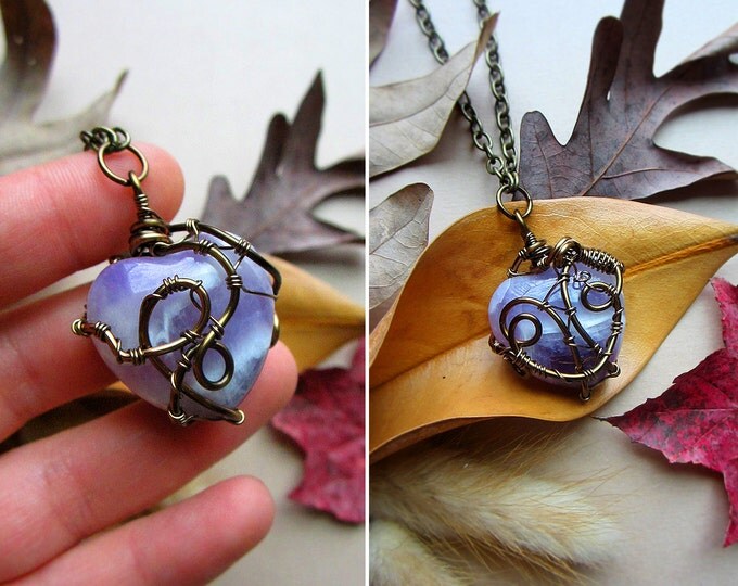 Double-sided wire wrapped necklace "Born To Wander" with puffy chevron amethyst heart. Custom chain length.