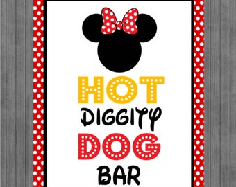 Minnie Mouse Birthday Sign, Hot Dog Bar, Red, Yellow
