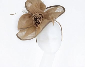 Janeo BEATRIX Fascinator, Wide Brimmed Contoured in Swirls on a large Circular Brim, Janeo Jewels, Four Beautiful Colours - Champagne