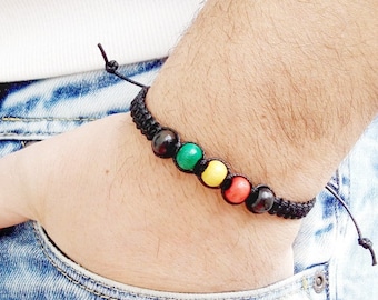 Mens Bracelet RASTA SHAMBALLA BRACELET Bob Marley Wood Beads Bracelet Beaded Ganja Shamballa Bracelet Shambala Bracelet Mens Cannabis