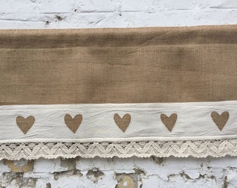 Rustic Burlap Curtains Farmhouse Window Treatment Lace Curtain Country Chic Primitive Kitchen Heart Valance Natural Jute Lace Decor