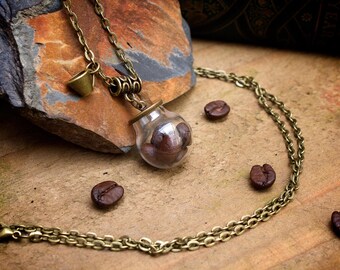 Coffee Bean Necklace Real Coffee Beans in Glass Terrarium Locket Nerdy Jewellery Coffee Lover Necklace