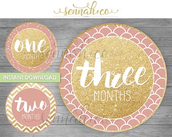 Milestone Stickers or Snapchat Geofilters - Downloadable - Glitter Pink Blush Patterns - Geometric-1 to 12 Months -Baby Girl Month Sticker