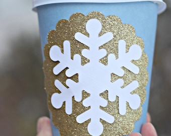 Winter Wonderland / ONEderland Birthday Party Hot Cocoa Cups. Blue, white, Gold, Snowflake party decoration. Hot Chocolate / Coffee
