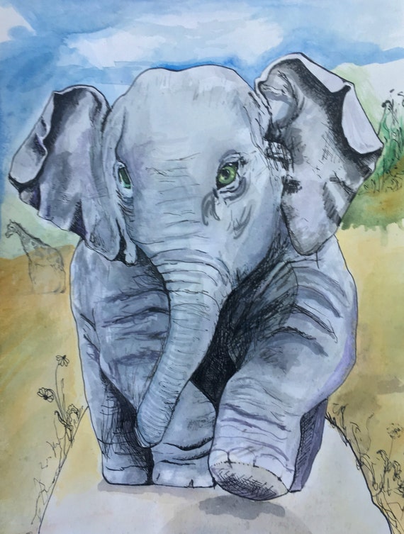 Cute Baby Elephant Wall Art for Nursery Giraffe Animal