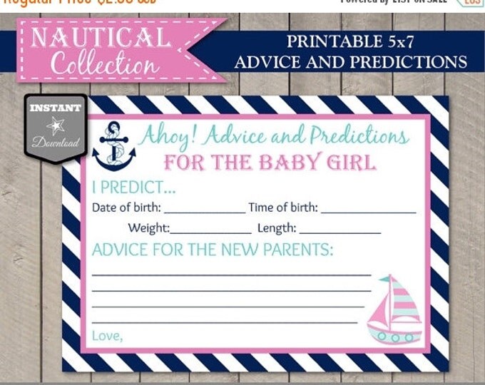 SALE INSTANT DOWNLOAD Nautical Girl Baby Shower 5x7 Advice and Predictions Card/ Printable Diy / Nautical Girl Collection / Item #627