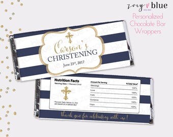 Boy Baptism Chocolate Bar Wrapper - Navy Gold Christening Favor Candy Bar Wrap - First Communion - first birthday -Printable Digital File