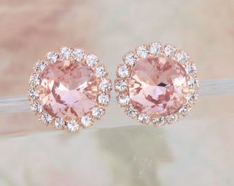 NEW SIZE Swarovski Blush RoSE Gold Pear Halo EarringsBlush