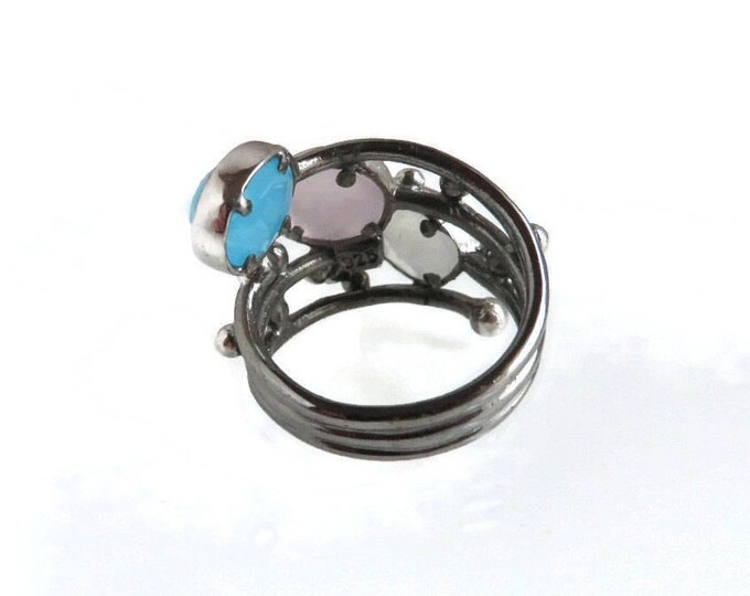 Sterling Silver Ring, Blue Pink White Gemstone Multiband Ring Vintage Costume Jewelry Gift Idea Size 6