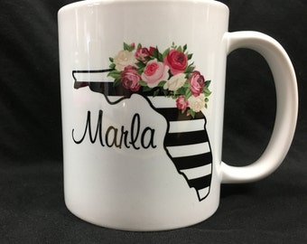 MUG, Personalized Florida mug with stripes and flowers