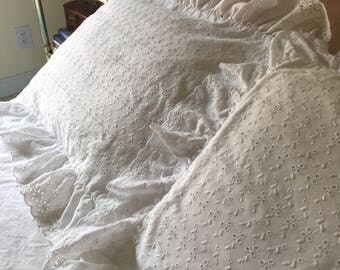 Petticoat Ruffle White Eyelet Pillow Shams ~ All Over Eyelet with Ruffle Flounces Pair of Pillow Covers ~ Vintage~Standard Shams